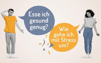 Titelbild des Flyers zu YES 2023 - zwei junge Leute mit den Sprechblasen "Esse ich gesund genug" und " Wie gehe ich mit Stress um?"