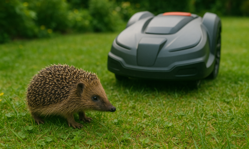 Ein Rasenmähroboter fährt auf einen Igel zu