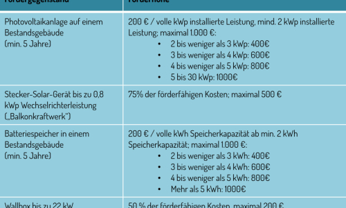 Förderprogramm Klimaschutz - tabellarische Übersicht Fördergegenstand und Förderhöhe