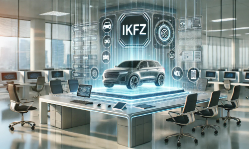 Hologramm eines Autos auf Schreibtisch, rundherum Stühle, KI-generiertes Bild