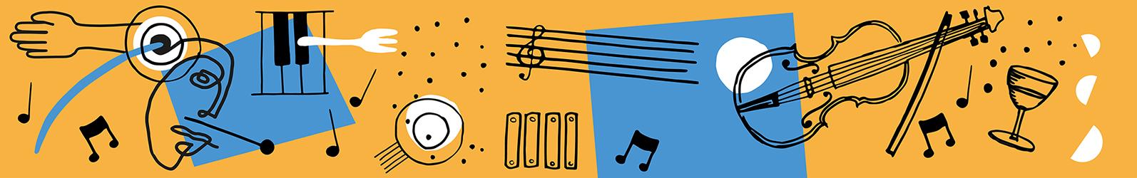 Logo: Nacht der Sinne -stilisierte Musikinstrumente, Noten und Essbesteck
