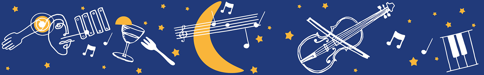 Collage aus illustrierten Musikinstrumenten, Noten, Sternen, Essbesteck und einem großen Neumond