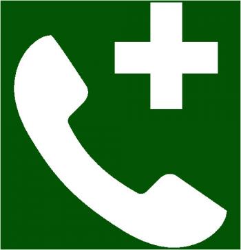 Piktogramm: Medizinischer Notruf (weißer Telefonhörer und Kreuz auf grünem Hintergrund)