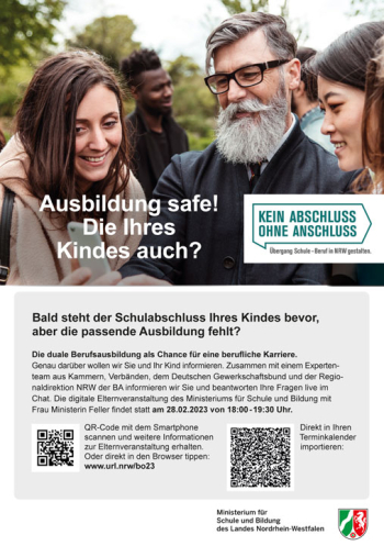 Postkarte mit Aufschrift "Ausbildung safe! Die Ihres Kindes auch?"