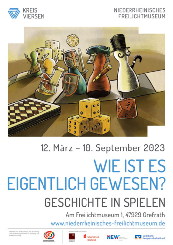 Ausstellungsplakat zur Ausstellung "Wie ist es eigentlich gewesen?" mit Spielfiguren