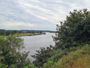 Blick auf die Maas - der Fluss schlängelt sich durch eine grüne Landschaft