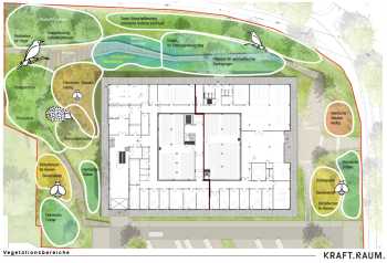 Grundriss auf Gebäude und Gartenanlage