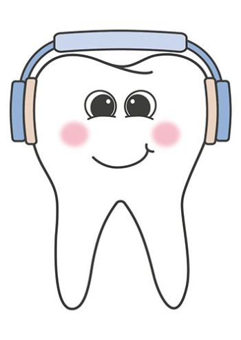 Animierter Zahn mit Gesicht, der Kopfhörer trägt
