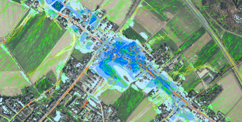 Ein Satellitenbild mit darin eingezeichneten Informationen zu Stellen, an denen bei Starkregen Überschwemmungen drohen