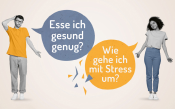 Titelbild des Flyers zu YES 2023 - zwei junge Leute mit den Sprechblasen "Esse ich gesund genug" und " Wie gehe ich mit Stress um?"