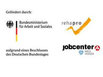 Logos der Unterstützer des RPV: Bundesministerium für Arbeit und Soziales, rehapro, Jobcenter Viersen