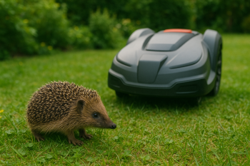 Ein Rasenmähroboter fährt auf einen Igel zu