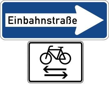 Schild: Einbahnstraße mit Zusatzschild Öffnung einer Einbahnstraße für die Nutzung des Radverkehrs