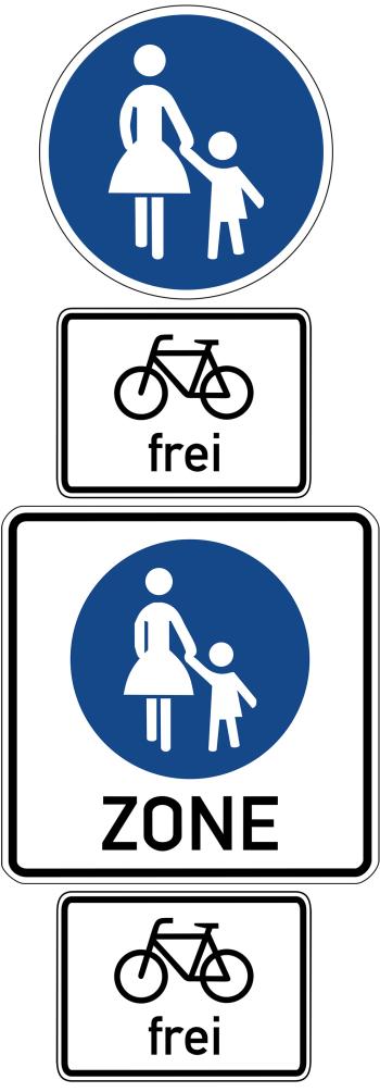 Schilder: Gehweg / Fußgängerzone mit Zusatzschild „Radfahrer frei“