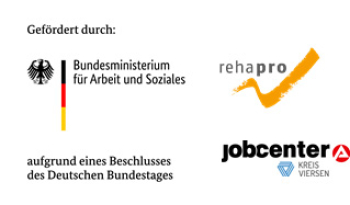 Logos der Unterstützer des RPV: Bundesministerium für Arbeit und Soziales, rehapro, Jobcenter Viersen