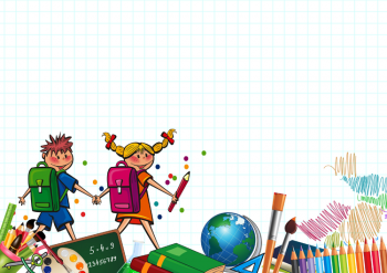 Quadratkästchen, davor viele bunte Bildchen: Illustration eines Mädchen und eines Jungen; Buntstifte, ein Zirkel und weiteres