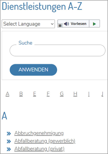 Bildschirmfoto Dienstleistungen A bis Z