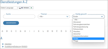 Bildschirmfoto der Auswahl eines Begriffes unter "Häufig gesucht" in den "Dienstleistungen"