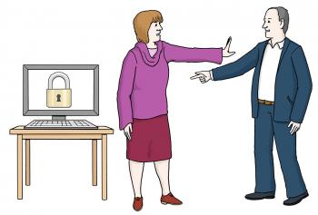 Frau macht abwehrende Geste gegenüber einem Mann, der auf einen Computer zeigt. Der Computerbildschirm zeigt ein abgeschlossenes Schloss