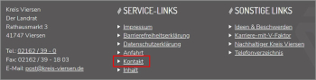 Screenshot des Fußbereiches von kreis-viersen.de - "Kontakt" ist hervorgehoben