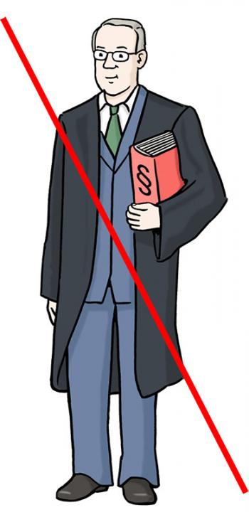 Ein Anwalt in schwarzer Robe mit einem Gesetzbuch unter dem Arm - das Bild ist durchgestrichen