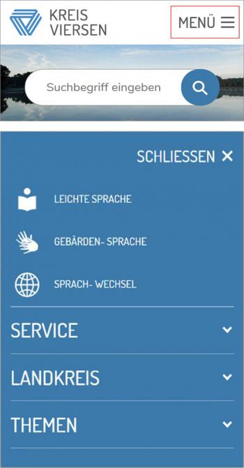 Bildschirmfoto Menü der aufgeklappten Hauptnavigation von kreis-viersen.de. auf dem Smartphone