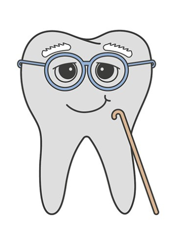 Illustration eines Zahnes mit Brille und Krückstock