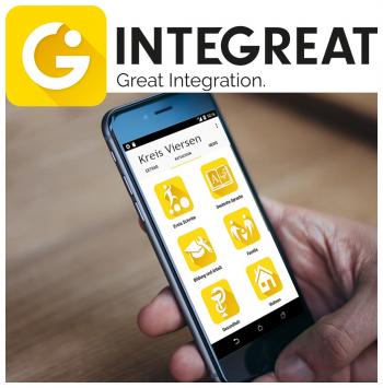 Integreat-App: Logo und Mobile Ansicht auf einem Smartphone
