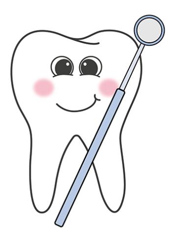 Zahn im Comic-Stil mit blauem Zahnarzt-Spiegel