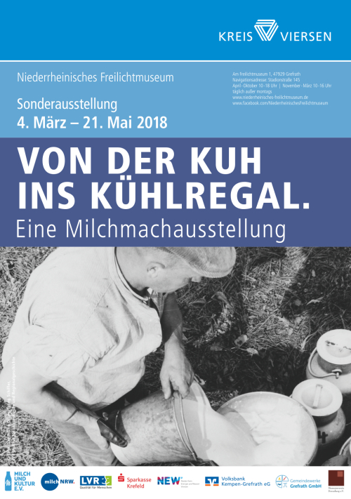 Plakat der Sonderausstellung "Von der Kuh ins Kühlregal" zeigt Bauern, der Milch umfüllt