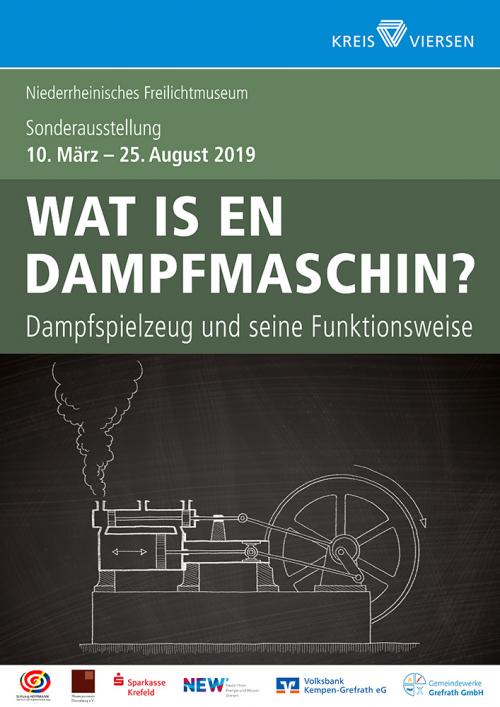 Plakat der Sonderausstellung "Wat is en Dampfmaschin?" zeigt Skizze einer Dampfmaschine