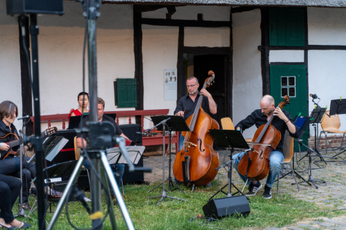 Musiker vor historischem Gebäude